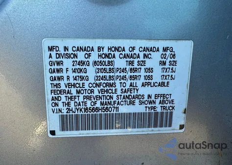 2006 Honda Ridgeline Rtl z USA, uszkodzony, nr VIN 2HJYK16566H560711